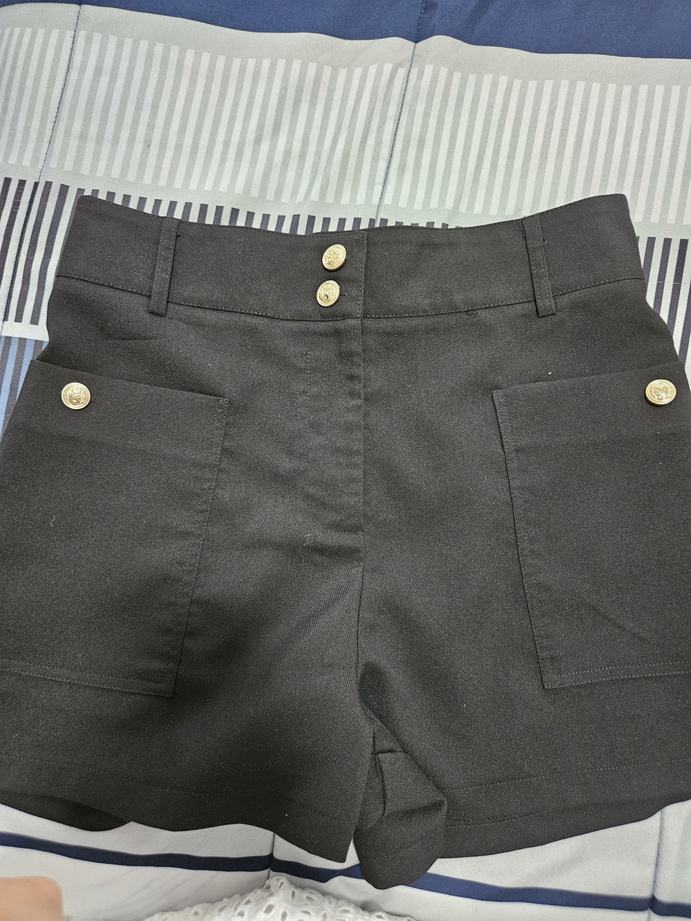 Black Women's High-Rise Pocket Shorts with Gold Buttons